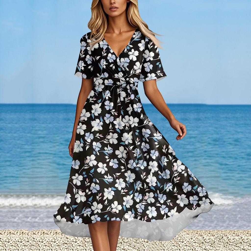 Women's Summer Fashion V-Neck Flared Dress Short Sleeve Floral Dresses