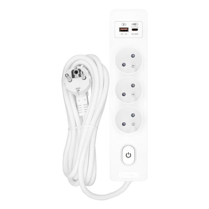Multiprise SELDUR G3FH32B, 3 prises type E + interrupteur, USB A+C charge rapide 20W, Blanc, câble 3m