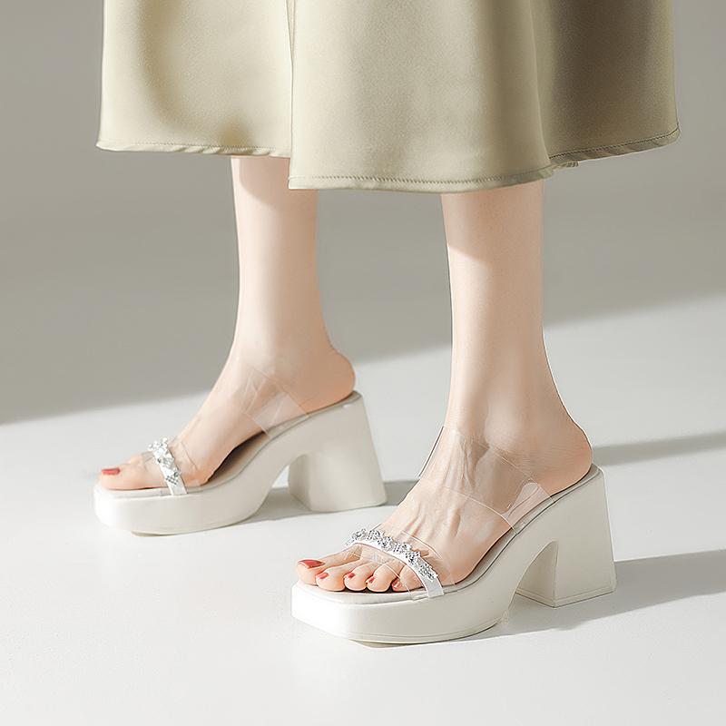 Fashion Sandals Women Clear Strap Chunky Heeled Sandals Women Platform Wedges High Heels Shoes Flip Flops Beach Slippers Dress Crystal