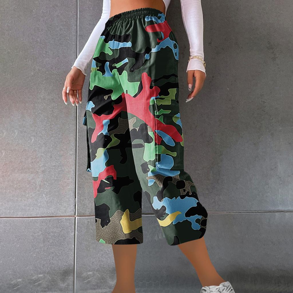 Женские повседневные рабочие брюки с эластичным поясом и укороченными брюками с камуфляжным принтом
