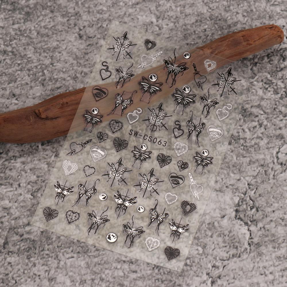 1 шт., металлические, серебристые, черные наклейки для ногтей, 3D темный стиль, очаровательный слайдер, чернила, бабочка, луна, сердце, замок, меч, фольга, маникюрные насадки, декор