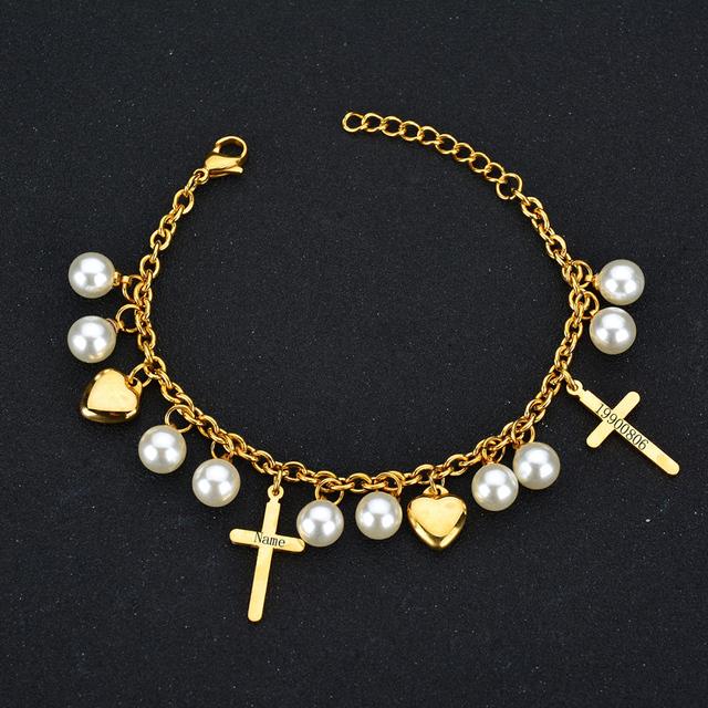 Bracelet Stainless Steel Name Custom Engrave Cross Personalized Heart Letter Bracelet O-Chain Pearl Fashion Gift for Women Girl