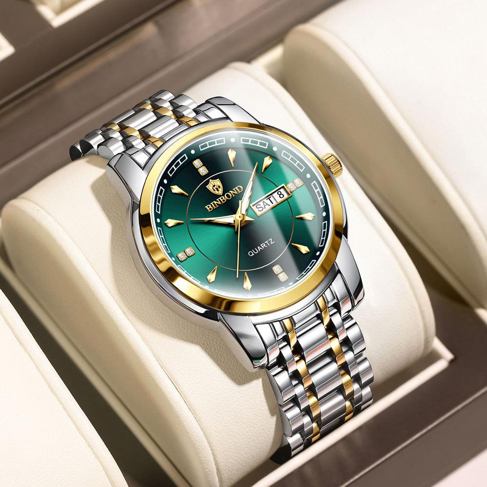 Мужские часы, модные золотые кварцевые часы для мужчин, нержавеющая сталь, водонепроницаемые, светящиеся наручные часы, дата, неделя