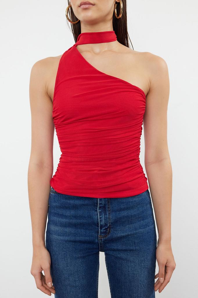Women's Style Blouse Red Halter Neck Gathered Lined Stretchy Knitted Blouse
