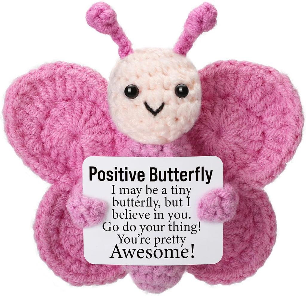 Crochet Positive Energy Butterfly Doll With Card Home Room Decoration Handmade Animal Knitted Butterfly Desktop Ornament Gifts