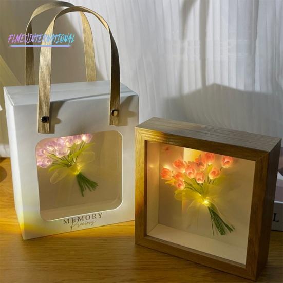 Ночник с цветком тюльпана, деревянная фоторамка ручной работы - 13/10/16, лента с цветами, квадратный подарок, сделай сам, светящийся букет тюльпанов, ночник