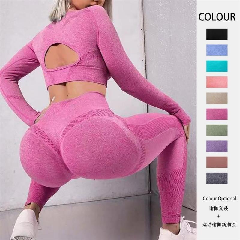 American Bodycon 2 Piece Suits Sexy Seamless Yoga Wear Peach Hip Women Beauty Back Long Sleeve Sports Yoga Suit Fitness Wear Women Outfits