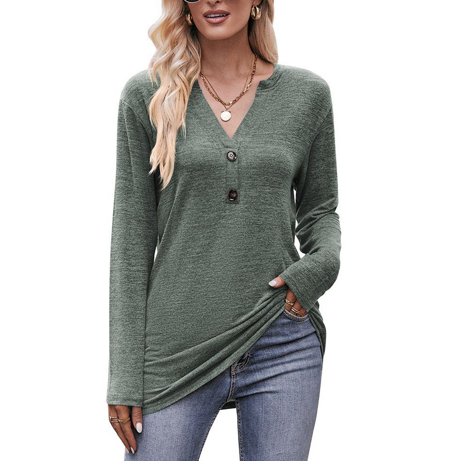 Autumn Women's Casual V-Neck Buttoned Milled Blouse Long Sleeve Top