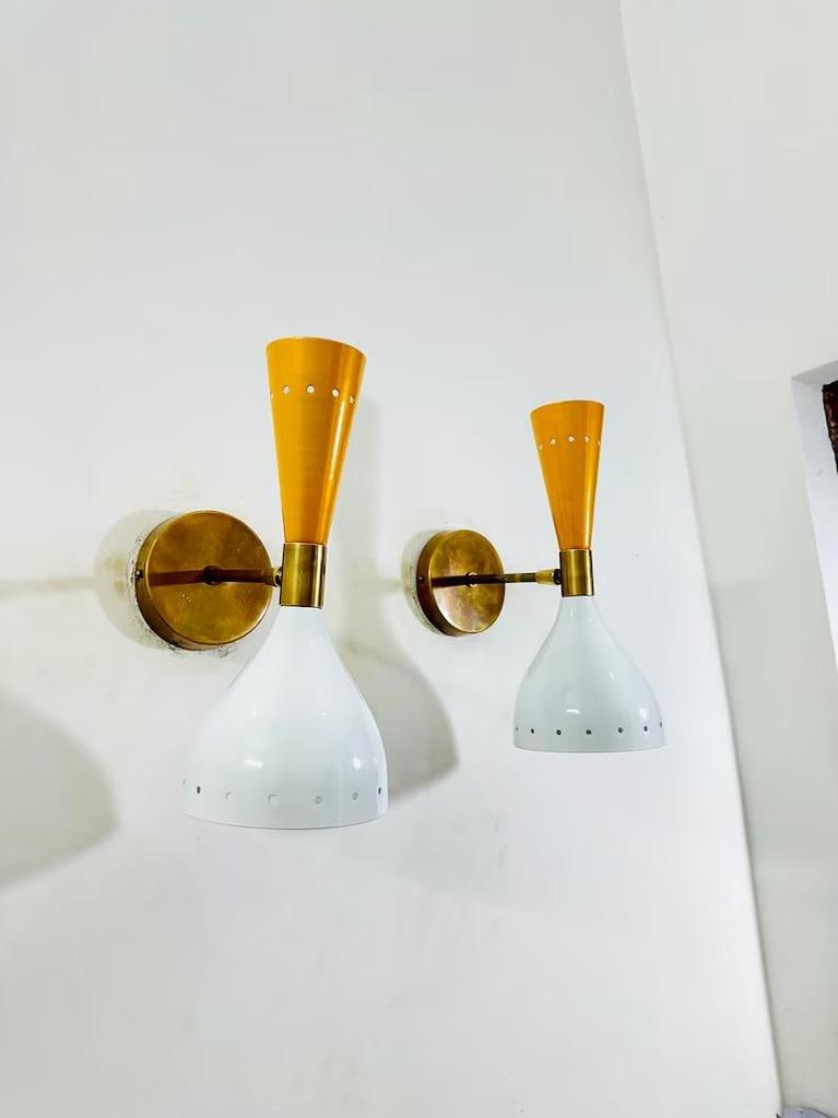 Mid Century Italian Brass Diabolo Wall Sconce Pair - Mustard & White