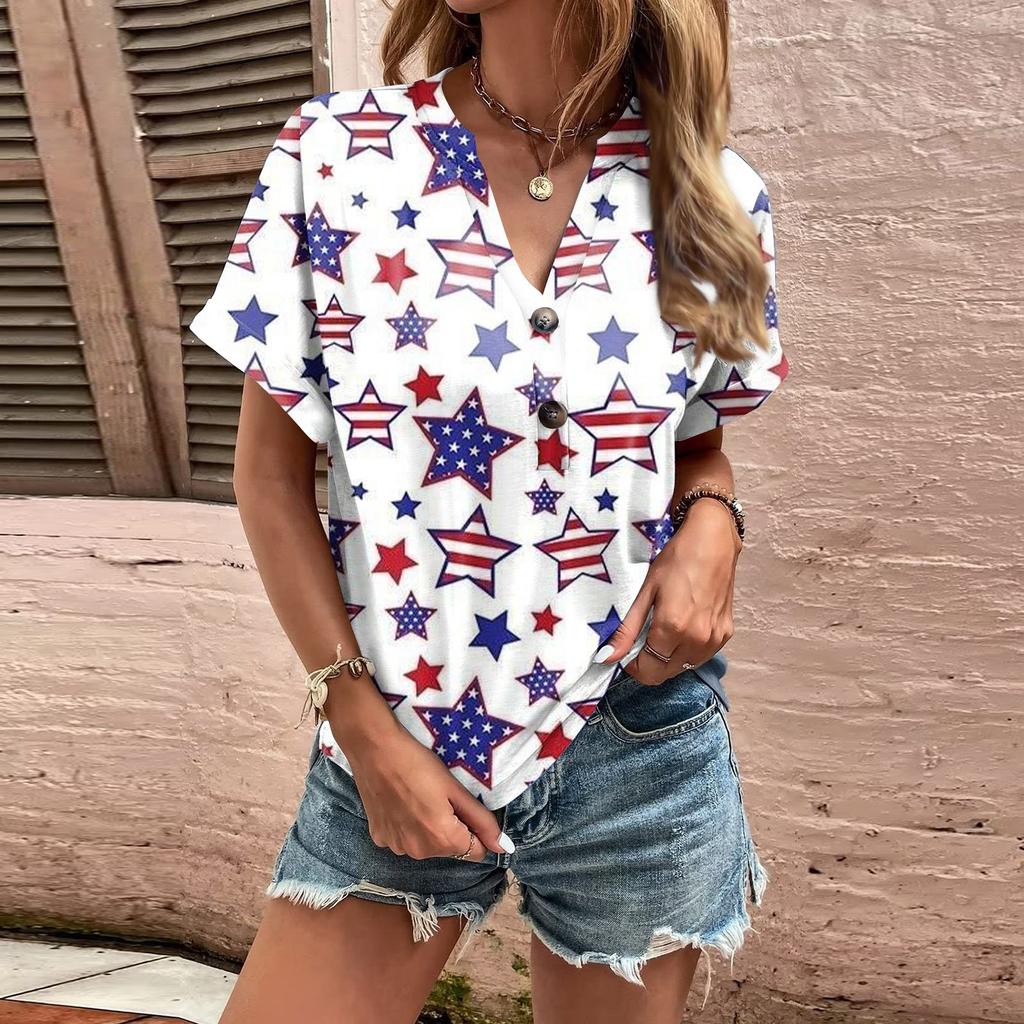 Fashion Womens Loose Summer Plain V Neck Button Button Short Sleeve Casual Tops