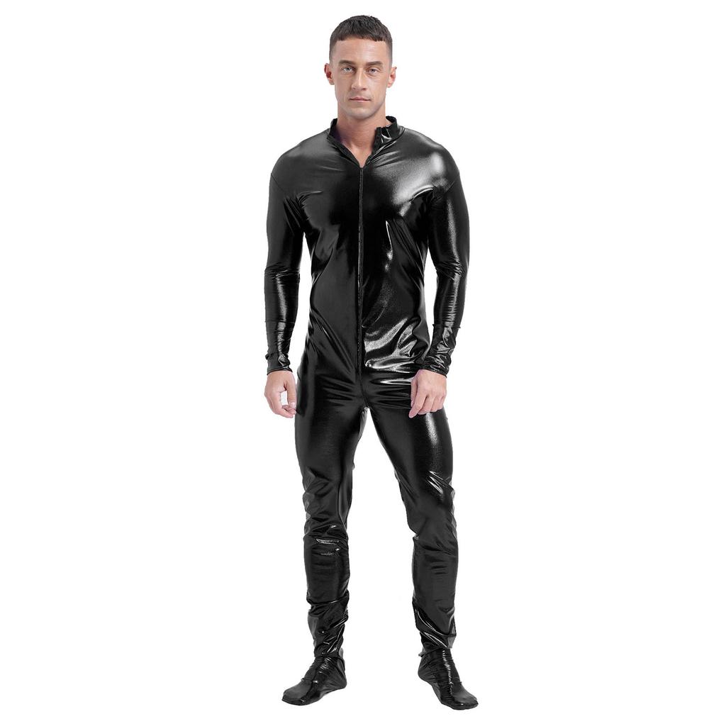 Mens Metallic Zentai Jumpsuit Full Body Tight Mock Neck Long Sleeve Club Performance Costume