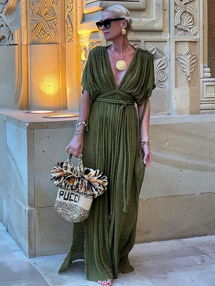 EDOLYNSA Элегантное женское платье знаменитостей с глубоким V-образным вырезом, вязаное плетеное веревочное летнее вечернее платье макси, туника, пляжная одежда, купальник, накидка A2848