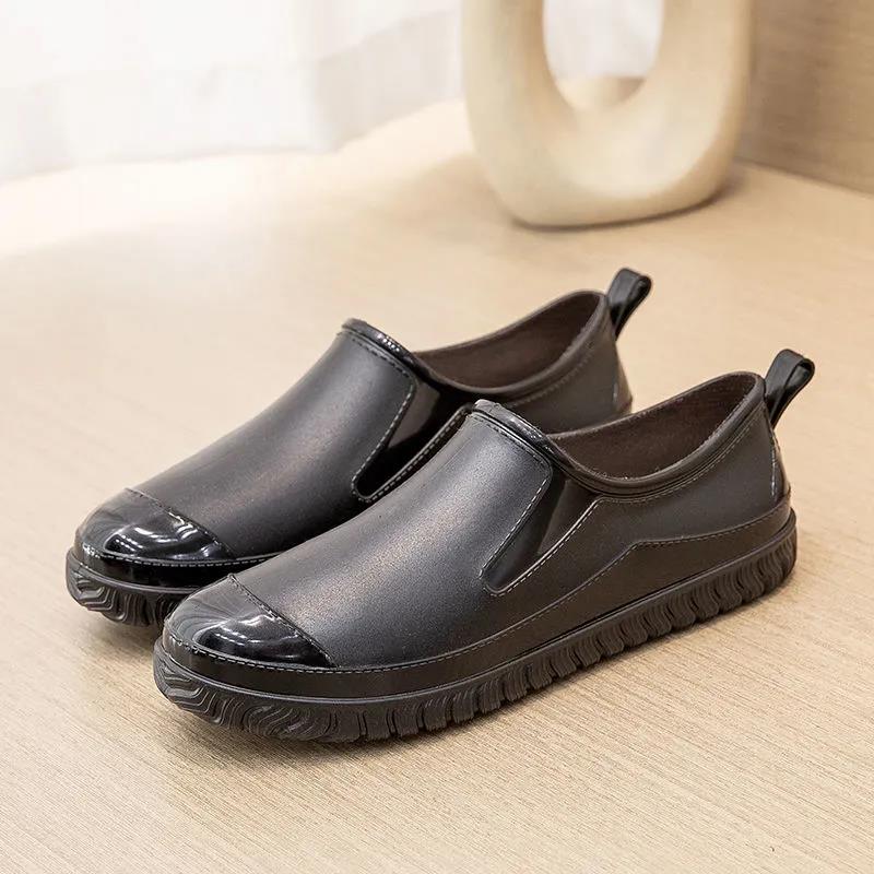 Водонепроницаемая рабочая резиновая обувь, женские нескользящие туфли без шнуровки на плоской подошве, износостойкие, с тиснением, весна-лето