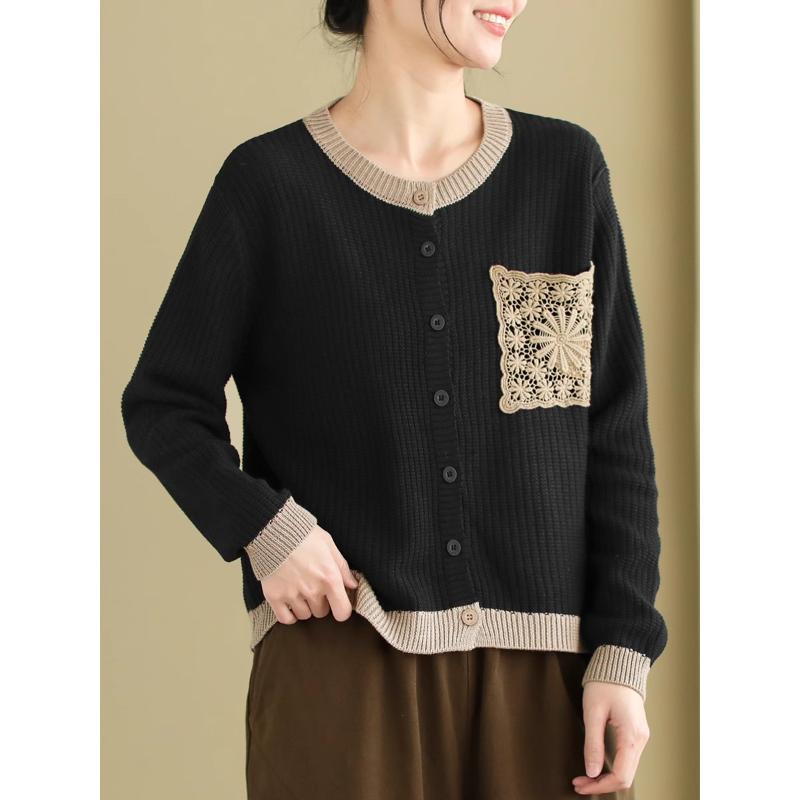 Художественный ретро женский вязаный свитер однобортный контрастный цвет круглый вырез женский кардиган свитер