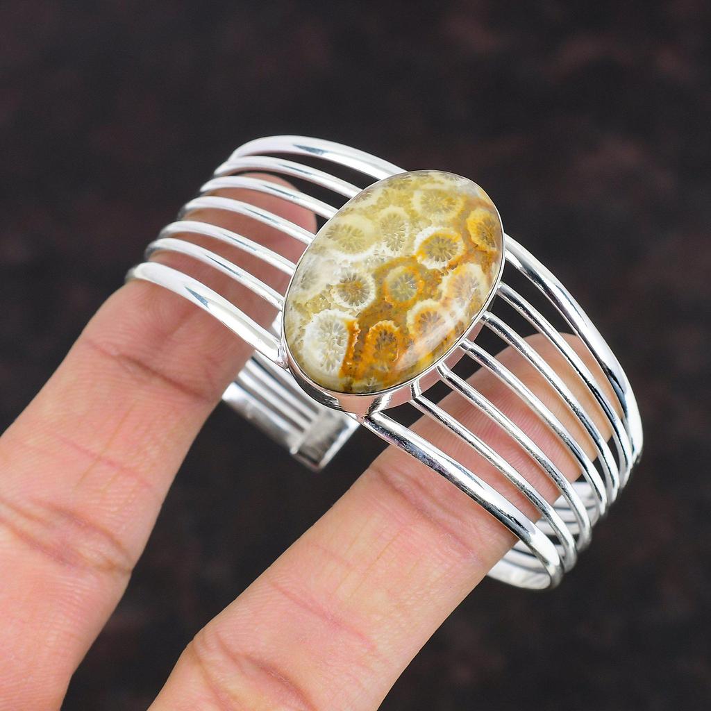 Браслет из ископаемого коралла, регулируемый браслет-манжета, серебряный браслет 925 пробы, ювелирные изделия ручной работы, очень красивый браслет-манжета с драгоценными камнями, подарки для матери