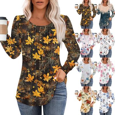 Рубашки с длинным рукавом для женщин, топы, нарядные повседневные блузки, плиссированные топы-туники с круглым вырезом