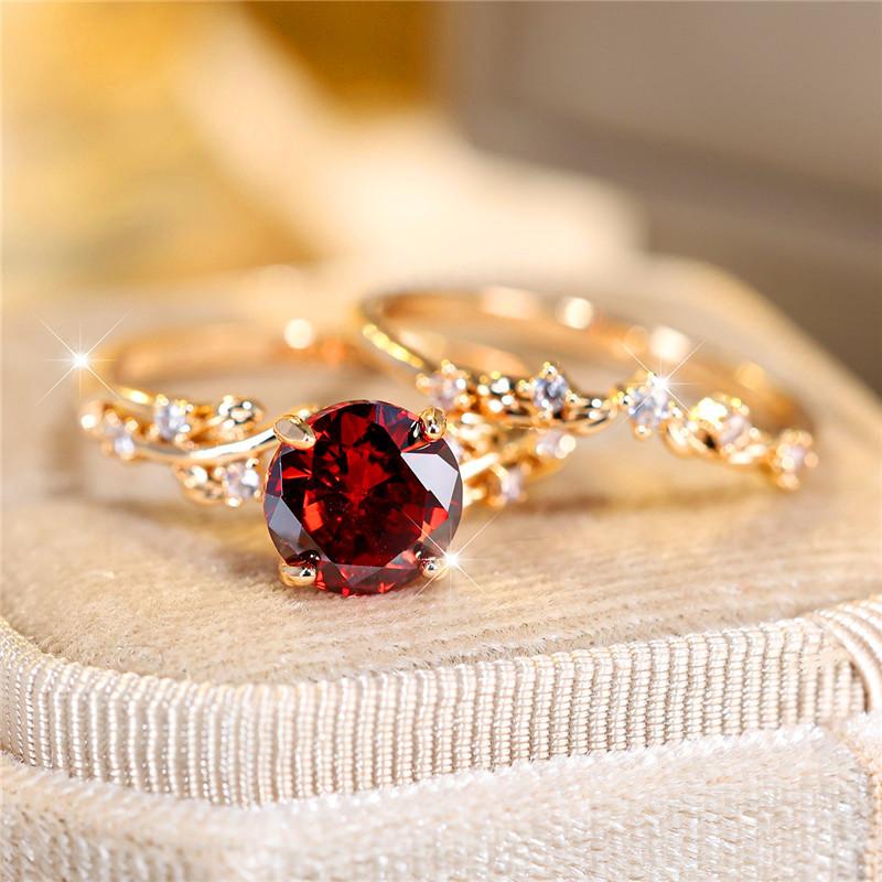 Luxury Female Crystal Red Zircon Stone Engagement Ring Set Cute Wedding Jewelry For Women