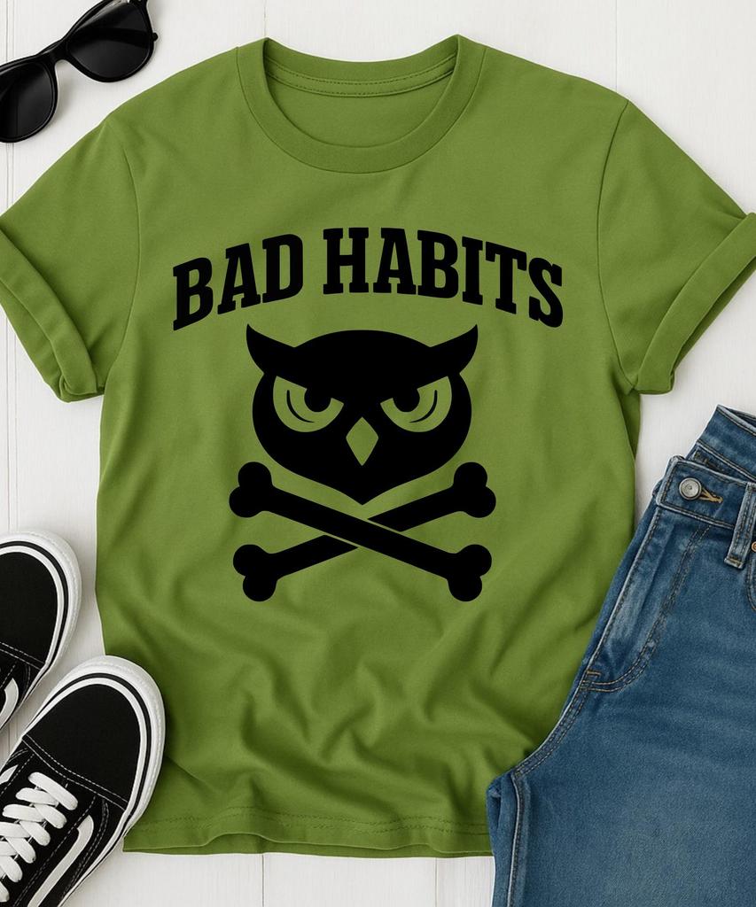 Bad Habits T-Shirt - Owl Skull Pirate Graphic Grunge Edgy Gift