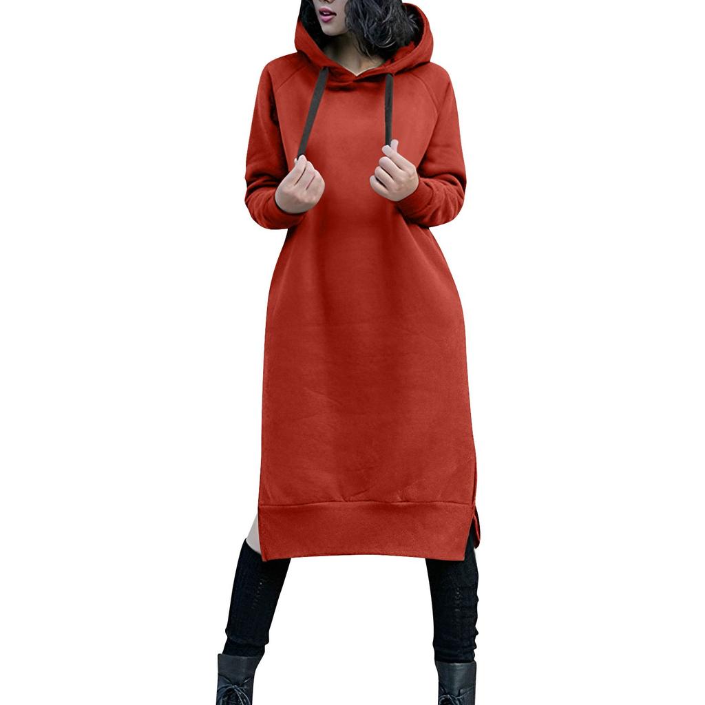 Cute Hooded Dress For Teen Girls Solid Color Drawstring Pocket Long Sleeve Fall Plus Size Sweatshirt Dress