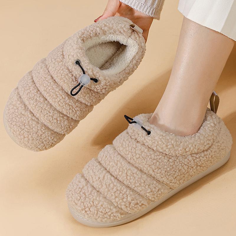 Модные домашние теплые плюшевые тапочки для женщин 2025 Зима Искусственный мех Плоский каблук Хлопковая обувь Женские Слипоны Нескользящие Хлопковые Шлепанцы Женские