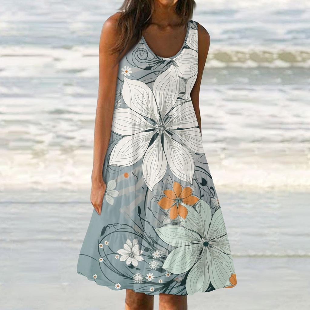 Женские платья-жилеты Лето-весна Плиссированные богемные платья Симпатичные струящиеся пляжные платья без рукавов Прямая футболка Платья-майки Платья с круглым вырезом