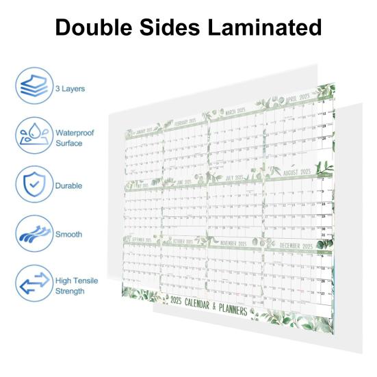 Календарь 2025 года, стираемый, большой, стираемый влажным способом, ламинированный, настенный календарь на 12 месяцев, ежегодный ежегодный планировщик, двусторонний органайзер