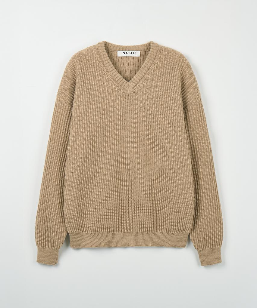 NODU V-Neck Waffle Essential Knit [Beige]