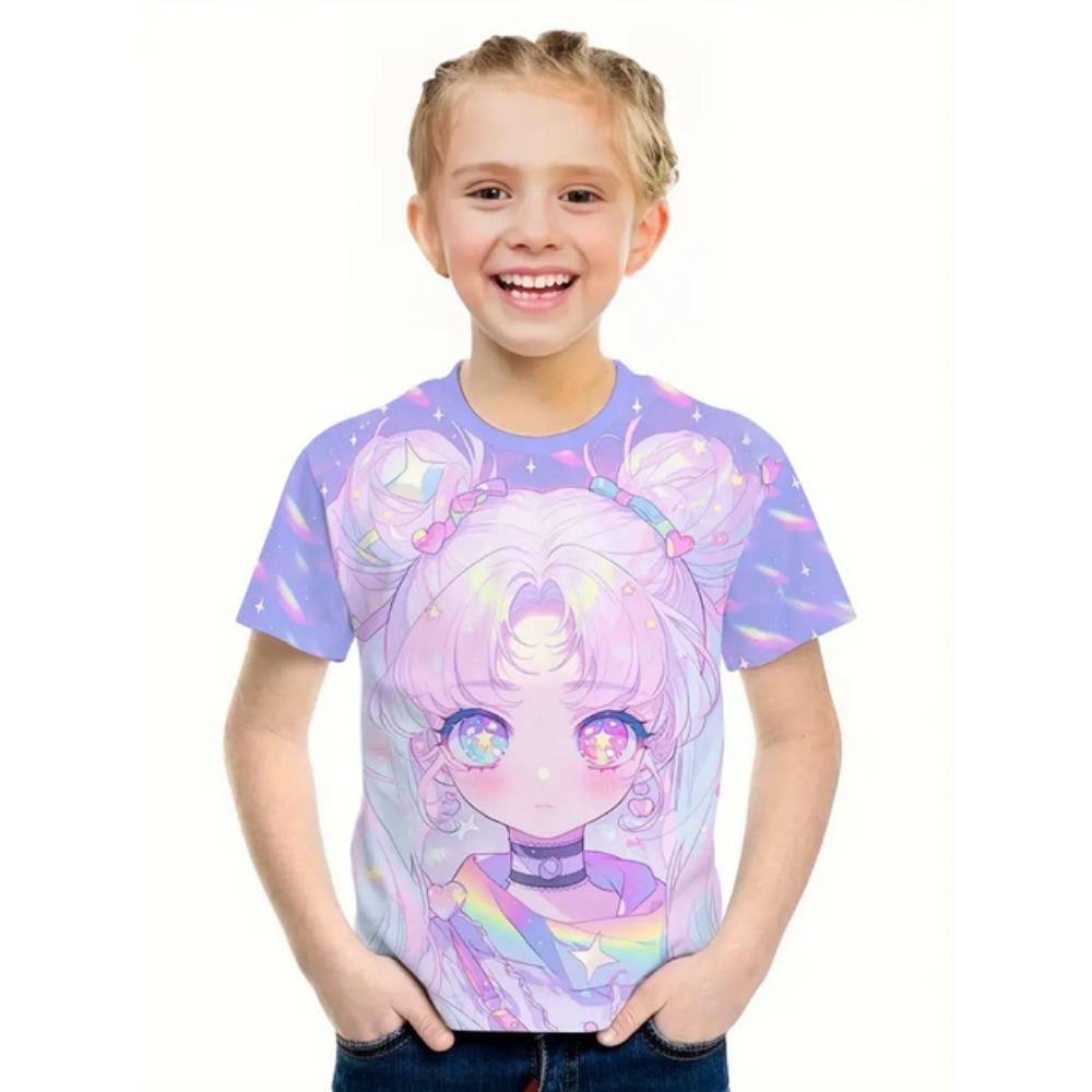 Одежда для девочек Футболки для девочек Топы с коротким рукавом Детская летняя одежда Мультяшные аниме-принты Детская одежда с круглым вырезом