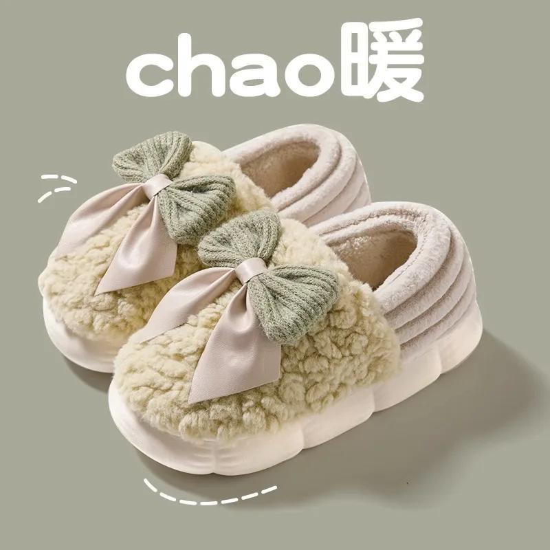 Модные женские ретро-модные хлопковые тапочки с бантом, женские осенне-зимние домашние тапочки для помещений 2025, теплые, мягкие, плюшевые, хлопковая обувь для девочек