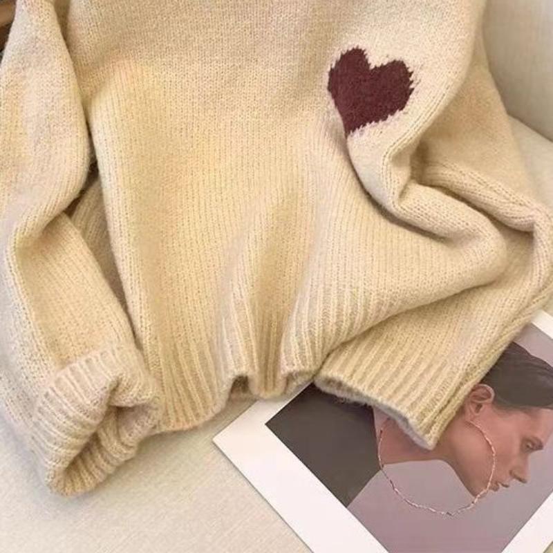 Ленивый стиль Ретро свитер с вышивкой сердечка для женщин Весна Осень Осень Зима Нежный стиль Свободный Трикотаж с длинным рукавом