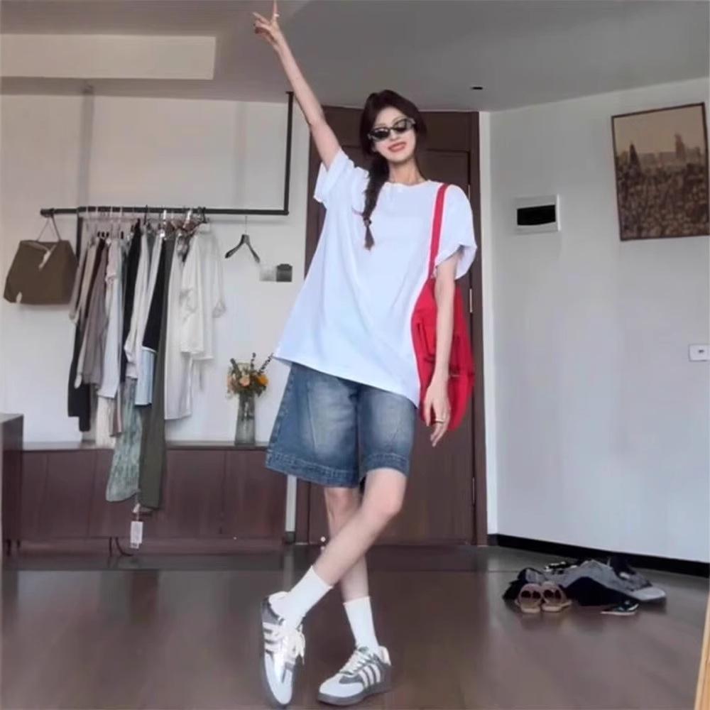 Ретро пикантные женские джинсовые шорты с низкой посадкой - Летний свободный крой 5-точечный дизайн с широкими штанинами средней длины