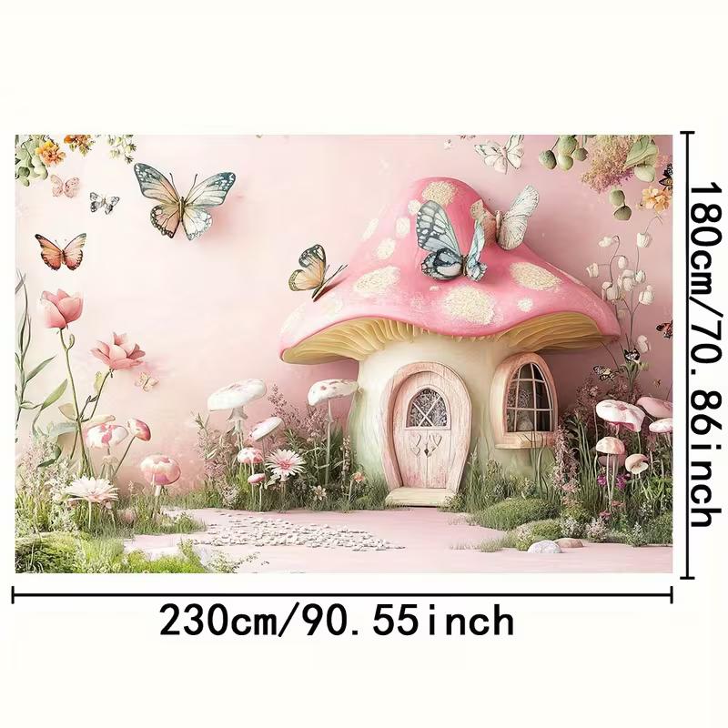 2D Enchanted Mushroom Cottage Backdrop, Pink Fairy Garden Party Background Cloth