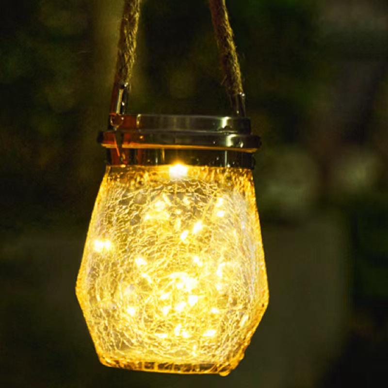 Solar Crackle Glass Mason Jar Hanging Light - Outdoor Garden Christmas Decoration