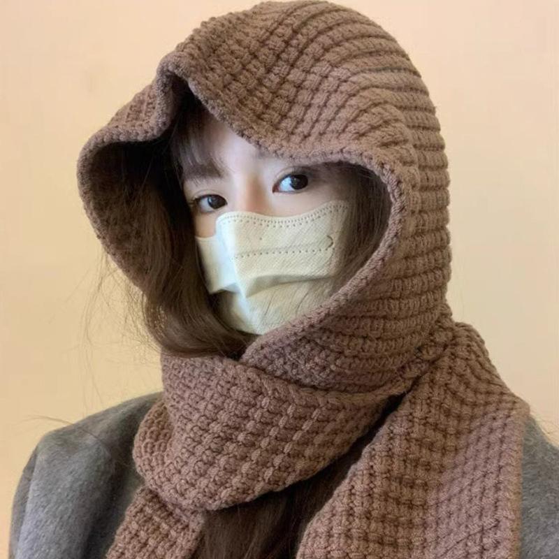 Winter Knitted Balaclava Hood for Women Solid Color Warm Beanies One-Piece Scarf Woolen Cap Outdoor Windproof Ear Protection Cap