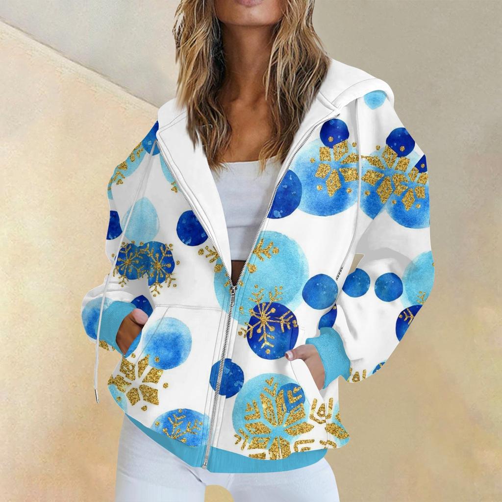 Women's Fashion Casual Christmas Print Long Sleeve Sweatshirt Pocket Jacket Zipper Hoodie Coat