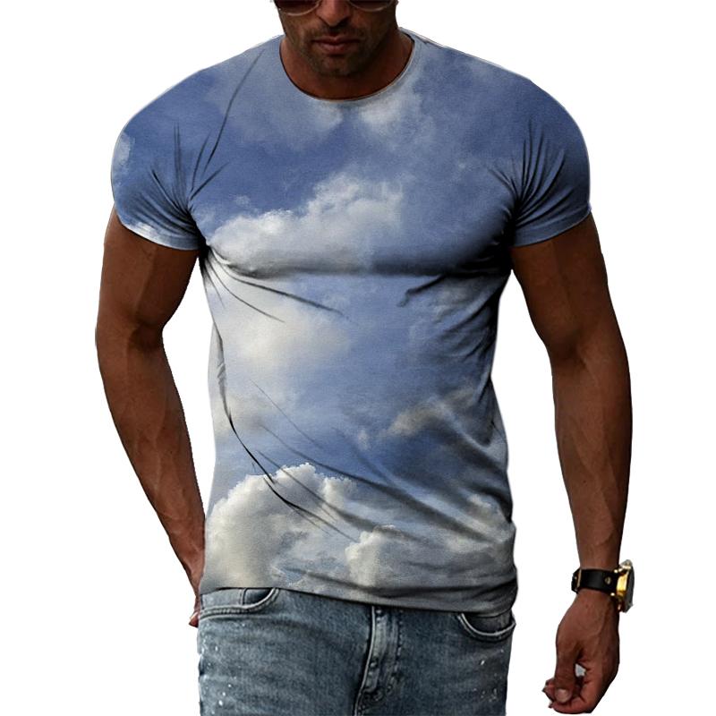Летние мужские футболки с голубым небом и белыми облаками с 3D принтом, модные повседневные индивидуальные простые футболки с короткими рукавами и круглым вырезом, топы