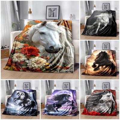 White Horse Surrounded by Autumn Flowers Flannel Throw Blanket, Horse Portrait Soft Blanket for Sofa Bed Home Decor