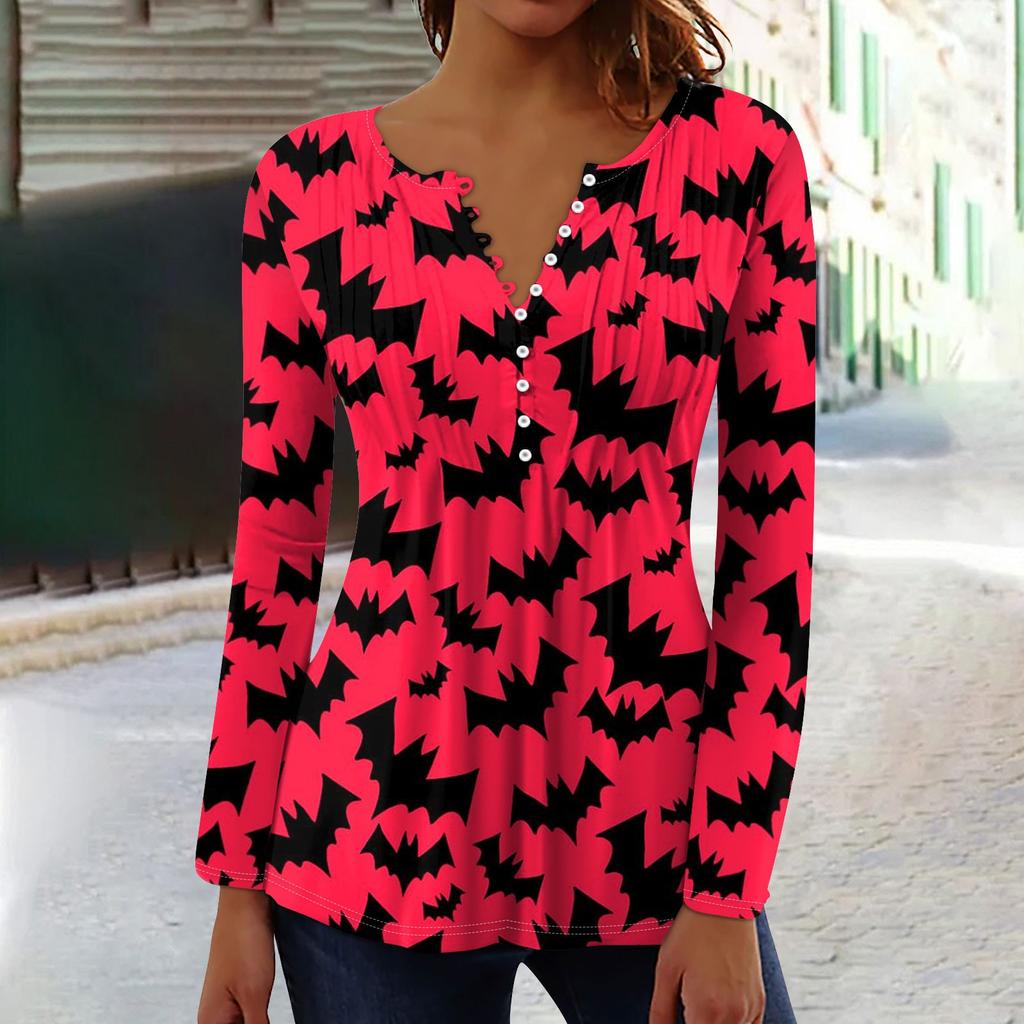 Женский топ с длинными рукавами и плиссированным воротником на пуговицах с принтом Хэллоуина, весна-осень