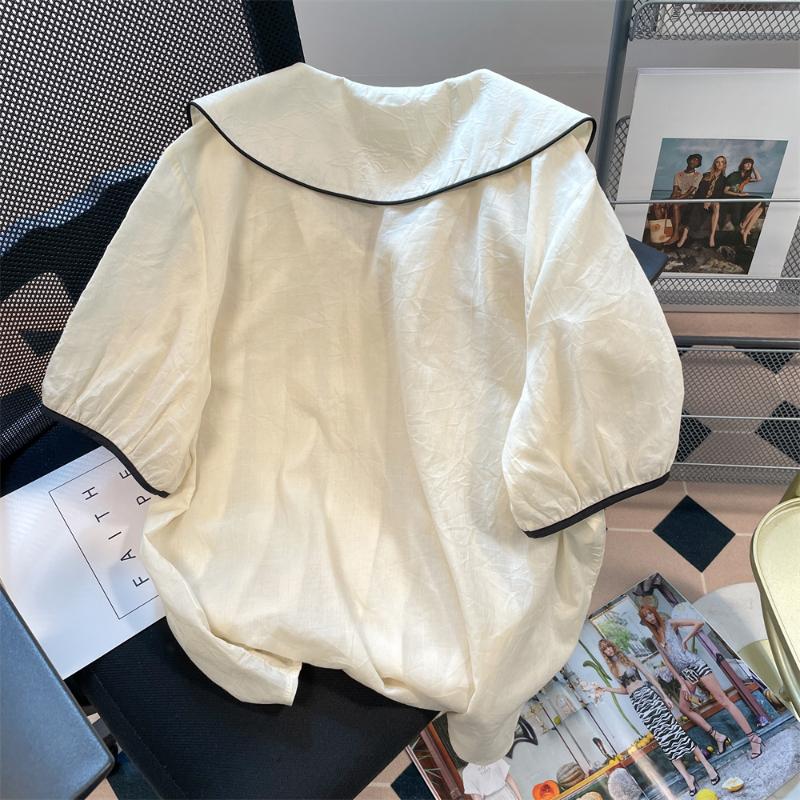 Shirt Puff Sleeve French Gentle Cute And Versatile Peter Pan Collar Womens Short Sleeve Blouse Summer Loose Blusas