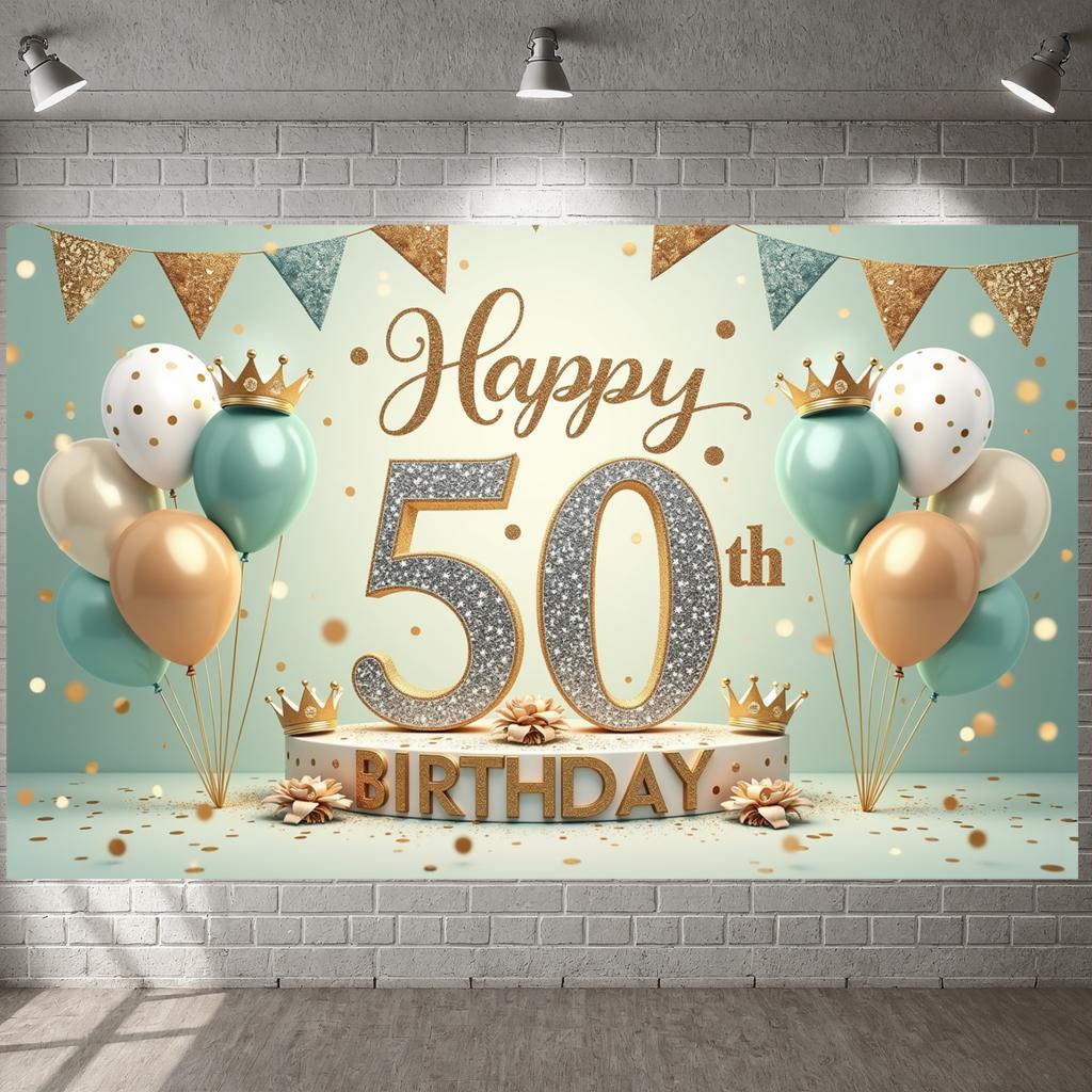 Golden Glitter 50th Happy Birthday Banner Celebration Backdrop for 50th Birthday Party Adult Celebration Indoor Decorati