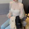 Korean Style Plus Size Polka Dot Bell Sleeve Mesh Top with Stand Collar for Spring and Autumn