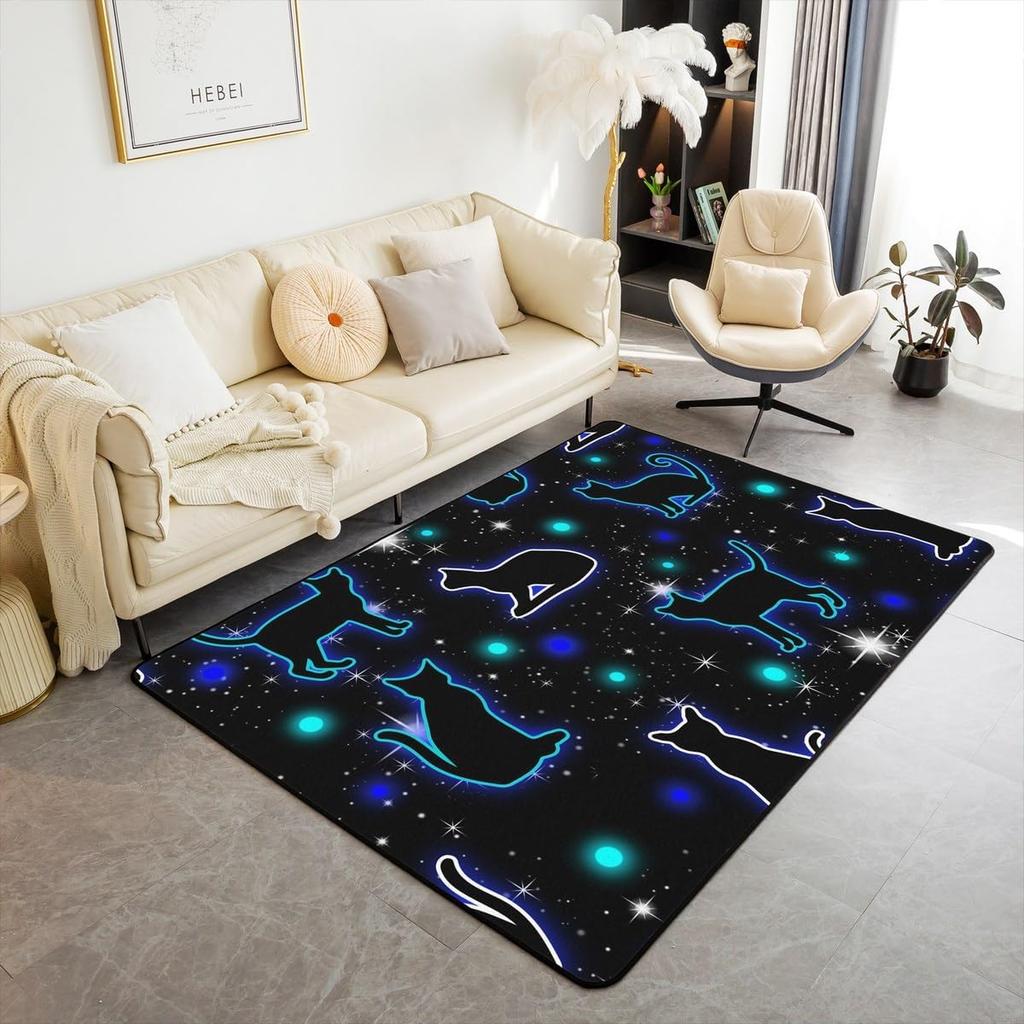 Cute Cat Area Rug,Cartoon Kitty Pet Animals Decor Non Shedding Rug for Kids Teen Adults,Starry Galaxy Decorative Carpet for