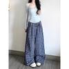 High-Waisted Lazy Style Loose Plaid Pants Straight-Leg Long Pants Blue Retro Checkered Casual Pants Wide-Leg Pants  Women