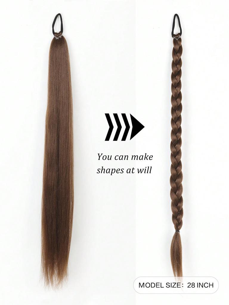 Synthetic 28 Inch Braided Ponytail Extension Long Straight With Rubber Band Braided Ponytail For Women's Daily Use