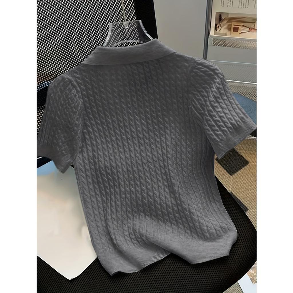 Temperament Lapel Ice Silk Knit Top Летняя свободная тонкая футболка с короткими рукавами