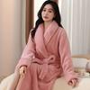 Women's Long Thick Coral Fleece Robe Winter Home Wear Pure Color Warmth Locking Morning Robe Simple Design Winter Sleepwear