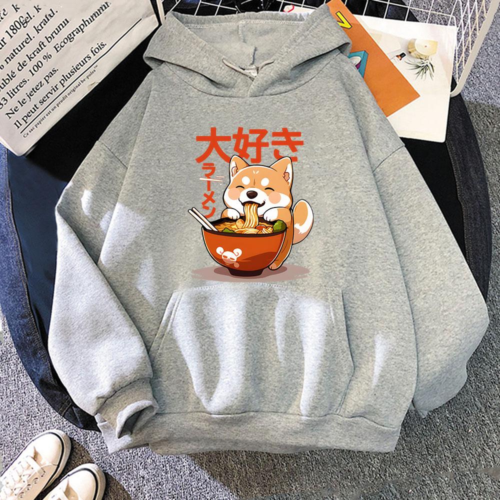Толстовка с капюшоном Shiba Inu Slurping Ramen Noodles Cartoon Kawaii Cat Graphic Sweatshirt Cool Anime Pullover Women Men Clothing