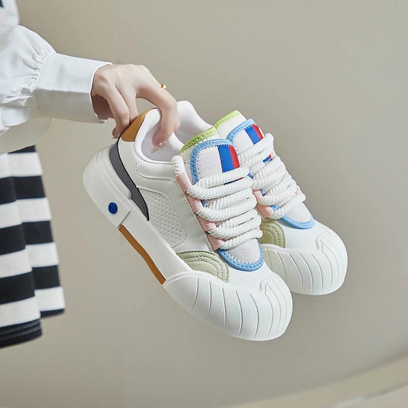 Fashion Women Sneakers Lace Up Casual Sports Shoes Mixed Colors Design Thick Bottom Vulcanized Shoes Outdoor Running Cute Shoes Female