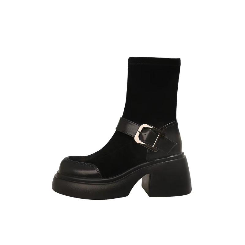 2024 Высококачественная женская обувь, женские сапоги без застежек, модные современные сапоги с пряжкой на ремне, женская горячая распродажа, голые сапоги с круглым носком