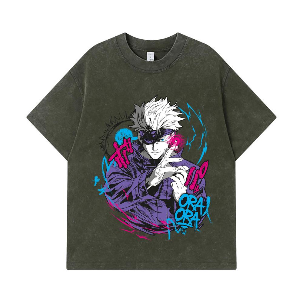 275 GSM Washed T-shirts 100% Cotton Jujutsu Kaisen V59 Gojo Print Unisex Heavy Cotton T Shirt